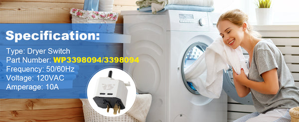 Soleil Electro WP3398094 Interrupteur de démarrage pour sèche-linge compatible avec Whirlpool KitchenAid Maytag Interrupteur poussoir pour démarrer 3398094 PD00028502 527426 AP6008357 PS11741492