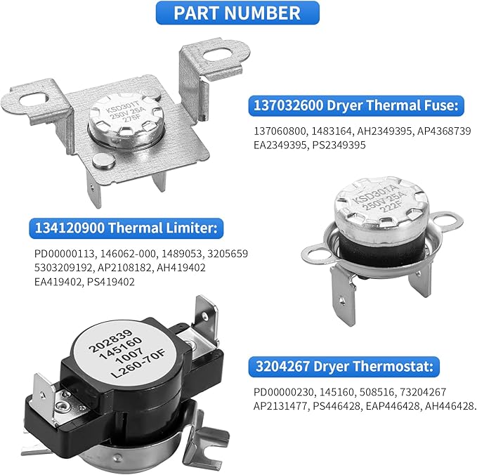 137032600 134120900 Limiteurs thermiques, thermostat haute limite 3204267 compatible avec sèche-linge Frigidaire & Kenmore, remplace # 3205659 1489053 AP4368739