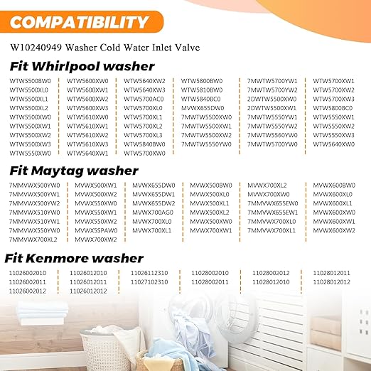 Soleil Electro W10240949 Valve à eau froide compatible avec Whirlpool, Kenmore, Maytag, Joint pour machine à laver Pièce de rechange W11168740 AP6285450