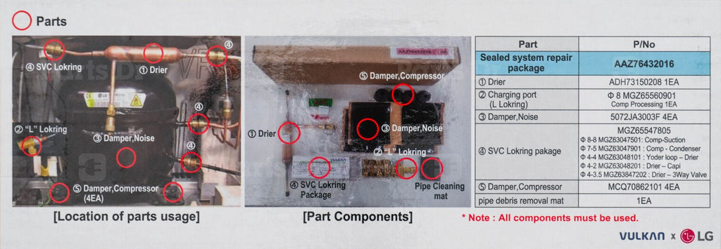 AAZ76432016 - Kit de joint de compresseur de réfrigérateur LG, kit d'assemblage de compresseur OEM - Soleil Electro Montréal